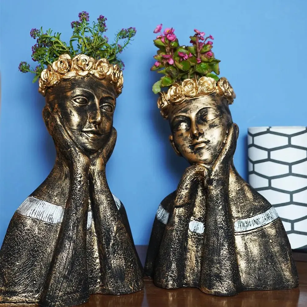 Roman Lady Face planter for Garden Decor Set of 2 , Antique Gold Colour.