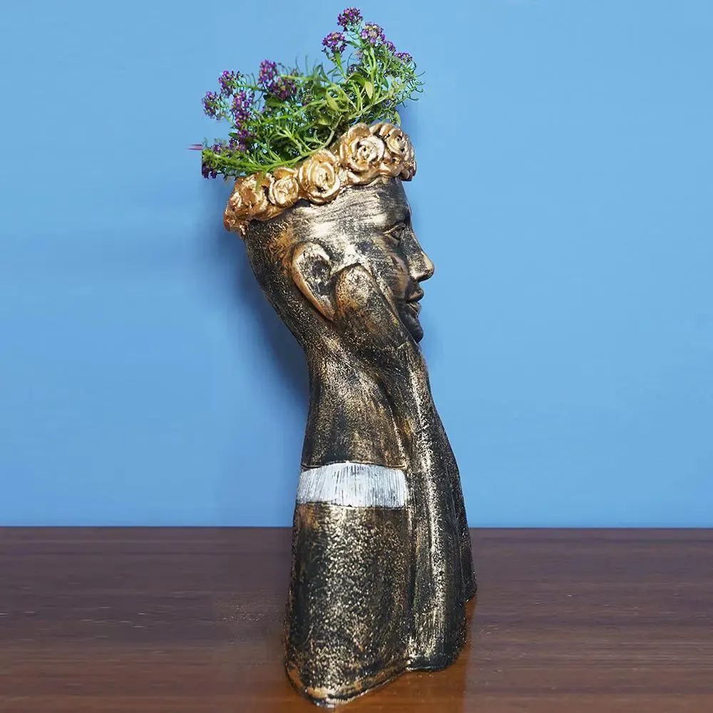 Roman Lady Face planter for Garden Decor Set of 2 , Antique Gold Colour.