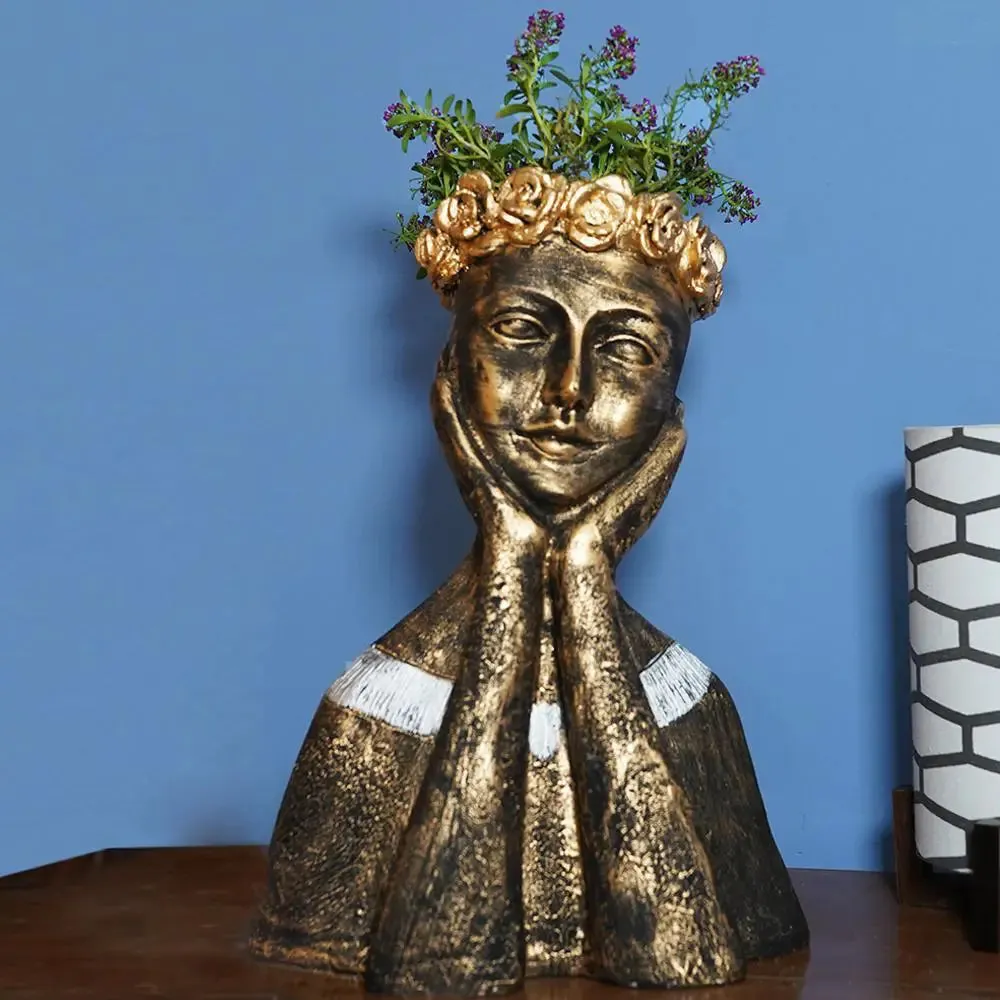 Roman Lady Face planter for Garden Decor Set of 2 , Antique Gold Colour.