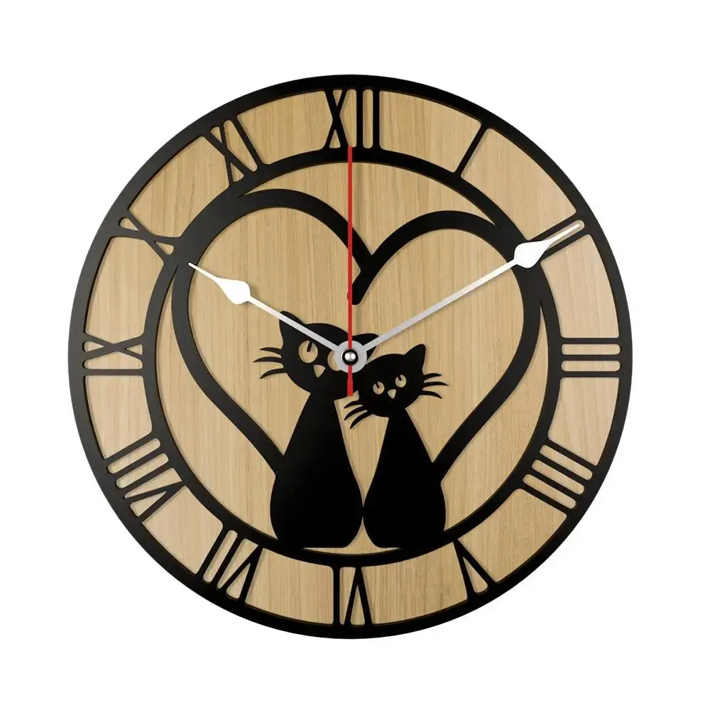 Romantic Cat Couple Dual Layer Wooden Wall Clock
