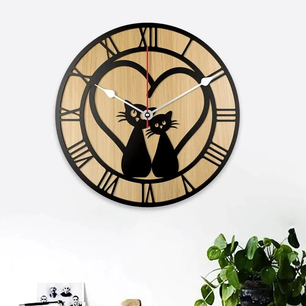 Romantic Cat Couple Dual Layer Wooden Wall Clock