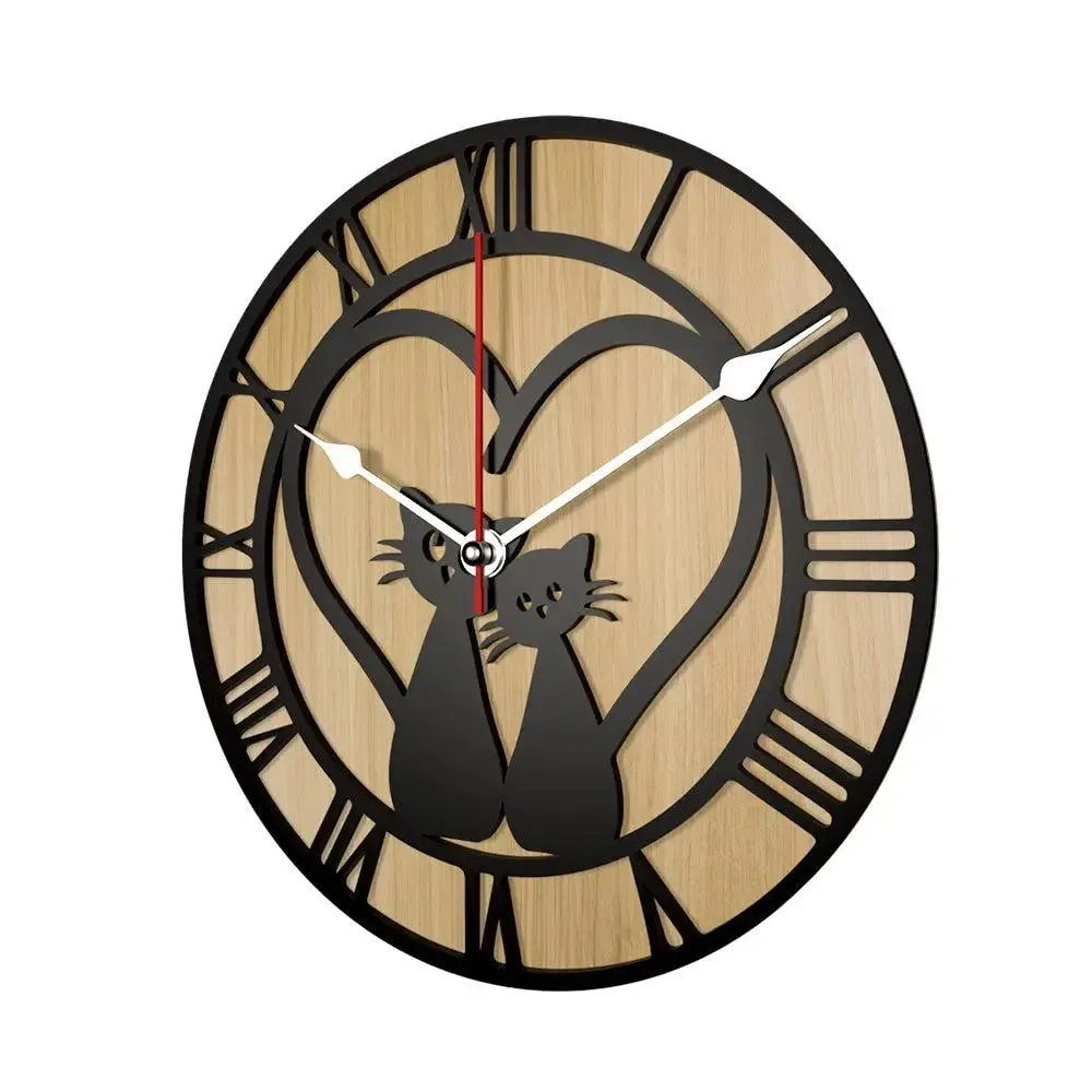 Romantic Cat Couple Dual Layer Wooden Wall Clock