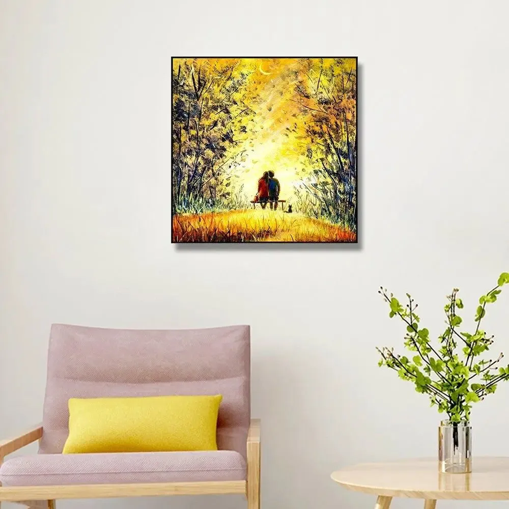 Romantic Couple At Night Canvas Painting With Black Floating Frame Size: 57 cm (H) X 57 cm (W)