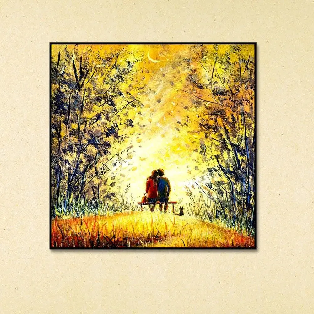 Romantic Couple At Night Canvas Painting With Black Floating Frame Size: 57 cm (H) X 57 cm (W)