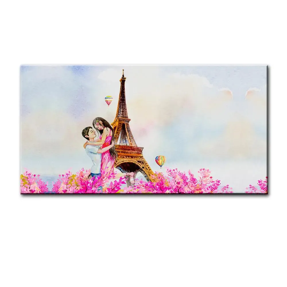 Romantic Couple in  Paris Canvas Printed Painting With Wood Frame