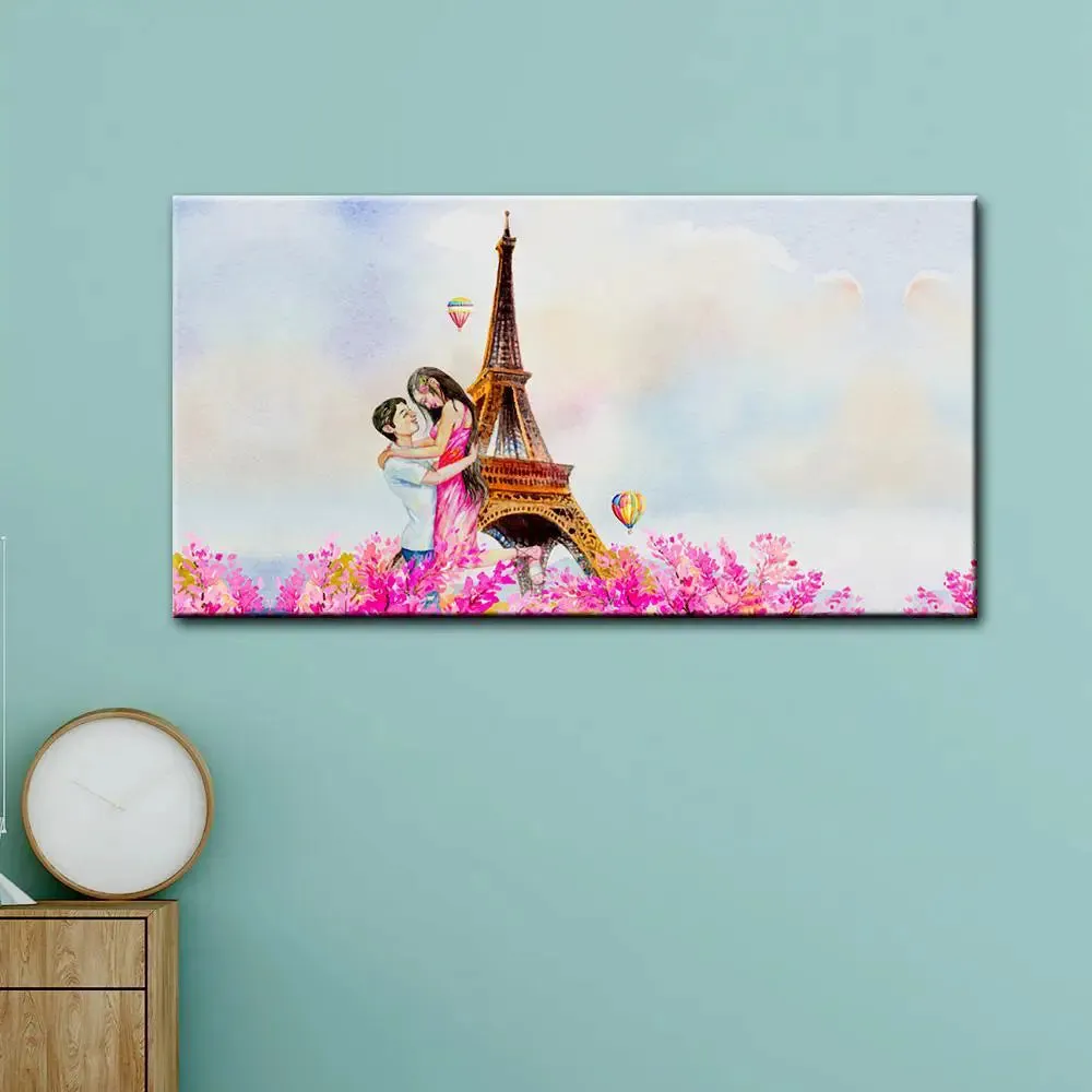 Romantic Couple in  Paris Canvas Printed Painting With Wood Frame