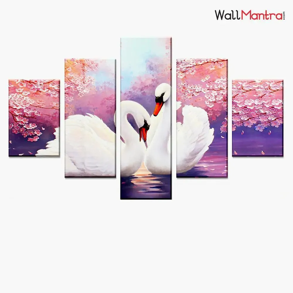 Romantic Couple of Swans 5 Pieces Canvas Print Wall Painting