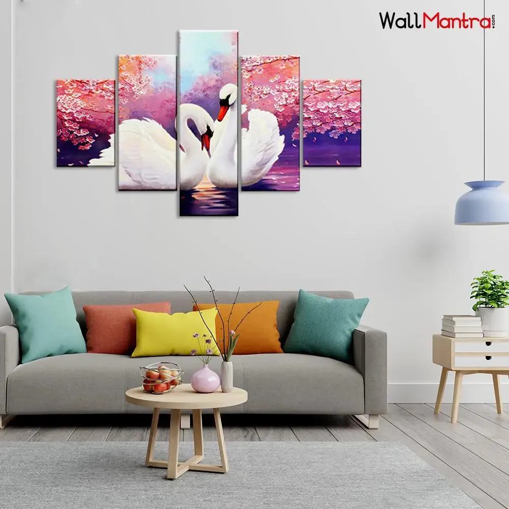 Romantic Couple of Swans 5 Pieces Canvas Print Wall Painting
