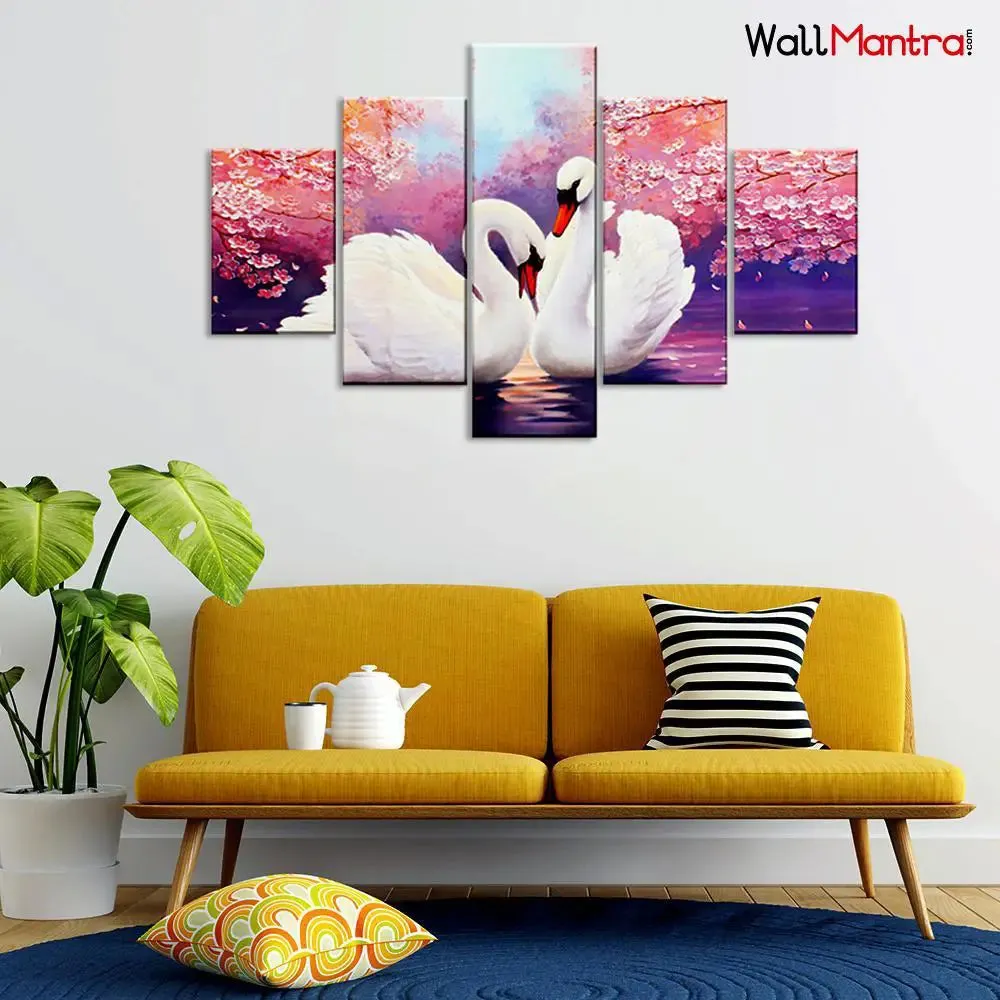 Romantic Couple of Swans 5 Pieces Canvas Print Wall Painting