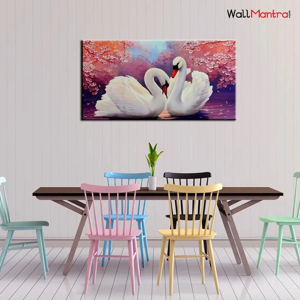 Romantic Couple of Swans Canvas Wall Painting &amp; Wall Art With Frame