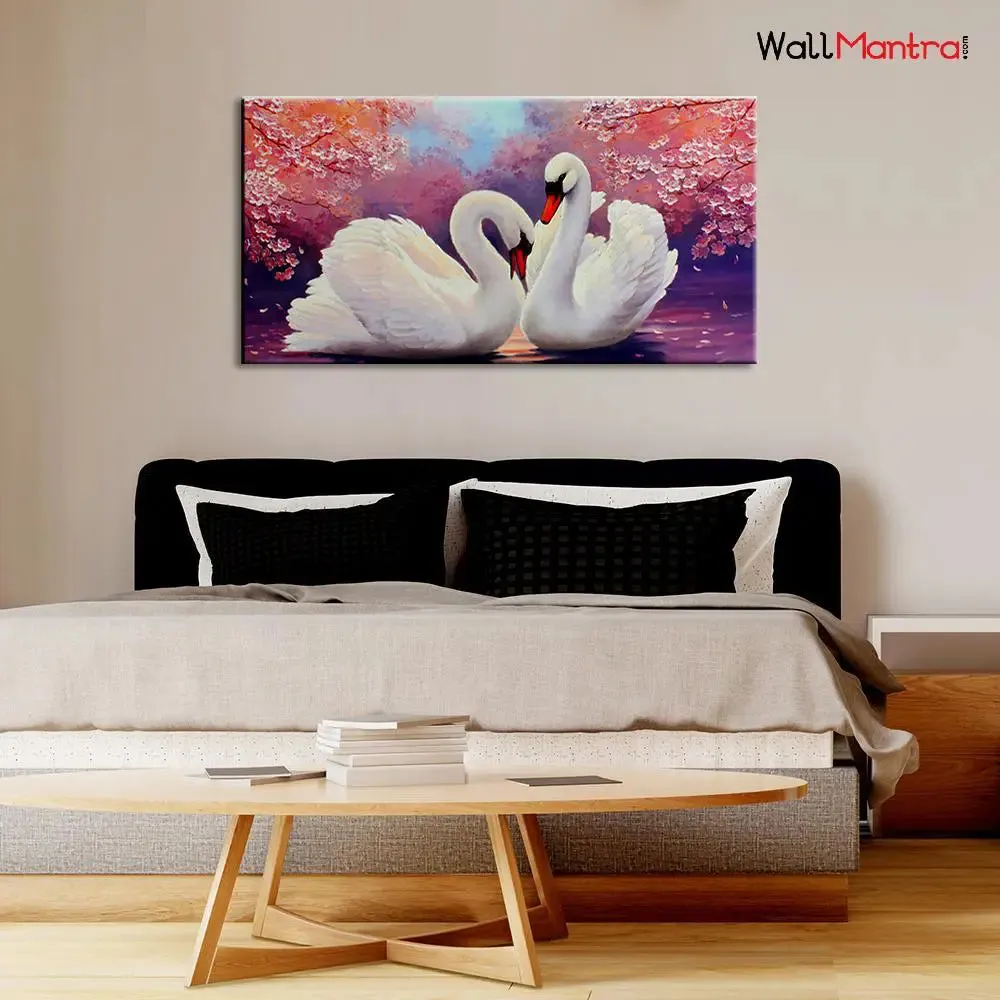 Romantic Couple of Swans Canvas Wall Painting &amp; Wall Art With Frame