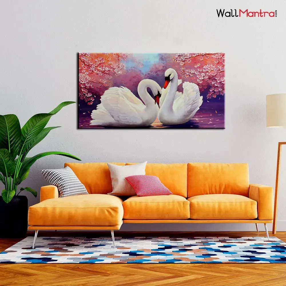 Romantic Couple of Swans Canvas Wall Painting &amp; Wall Art With Frame