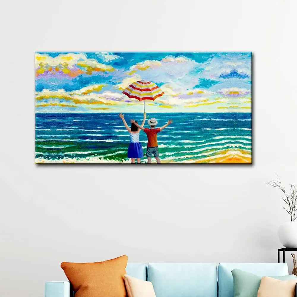 Romantic Couple on Beech Canvas Printed Painting With Wood Frame