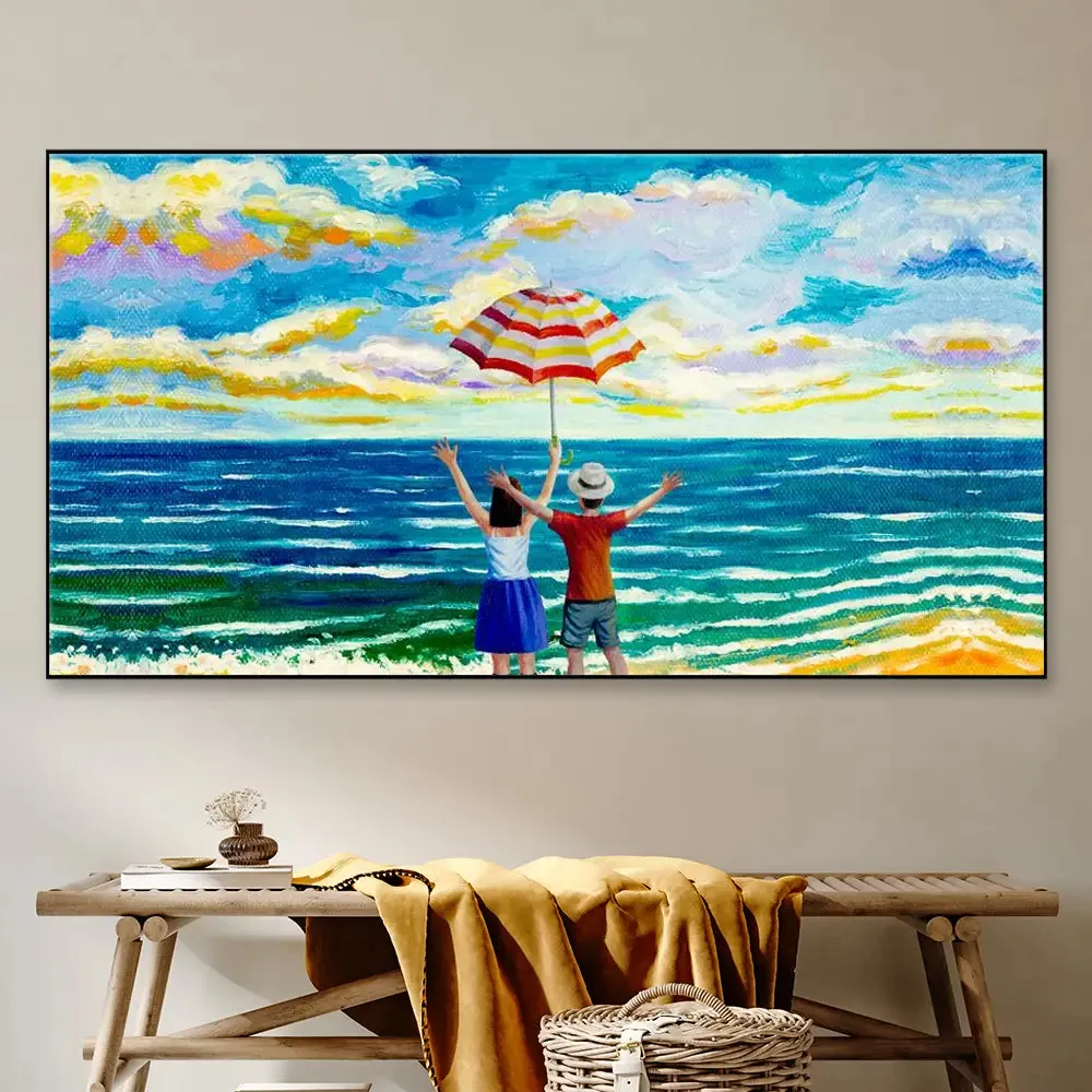 Romantic Couple on Beech Canvas Printed Painting With Wood Frame