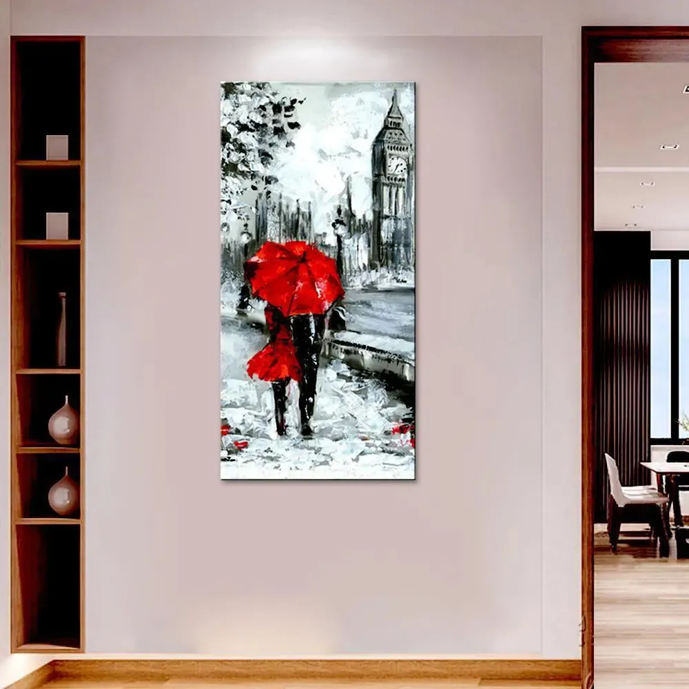 Romantic Couple Under Umbrella Canvas Printed Wall Painting With Wood Frame