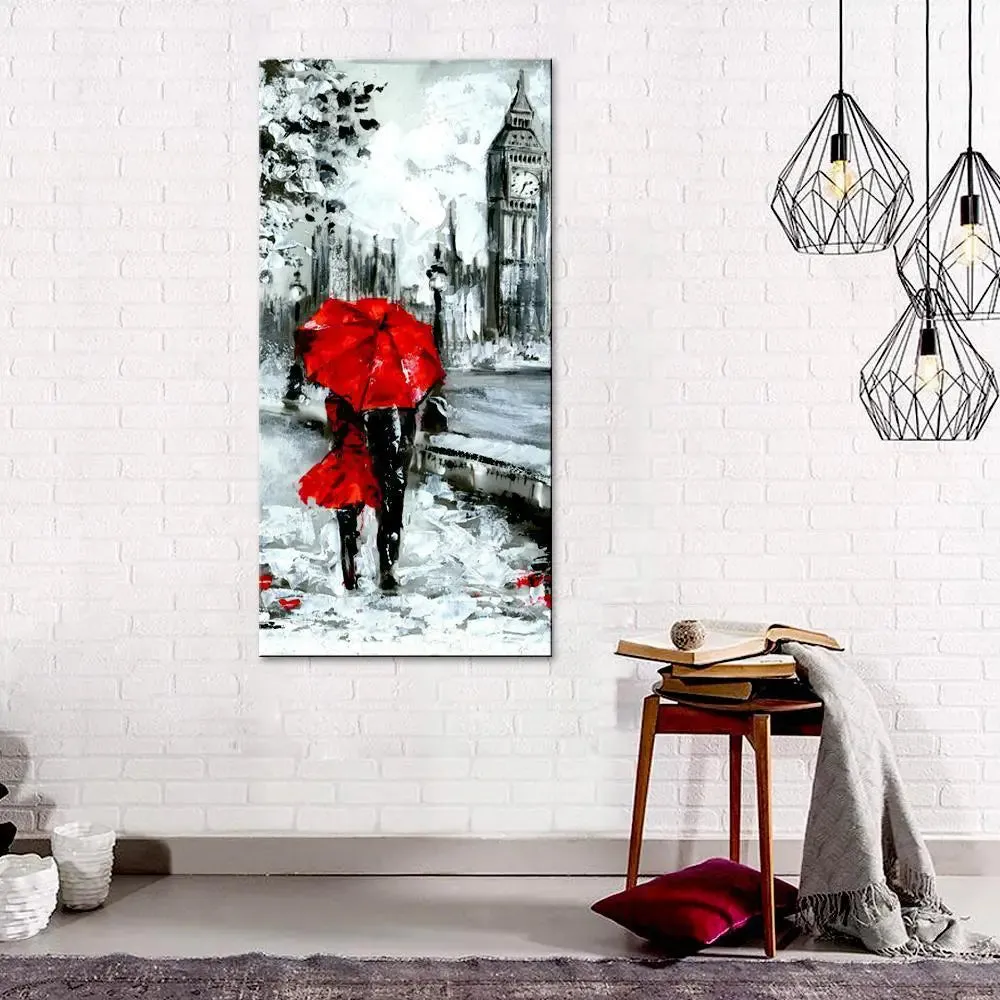 Romantic Couple Under Umbrella Canvas Printed Wall Painting With Wood Frame