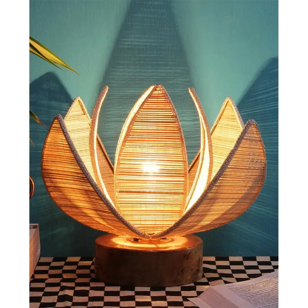 Rose Bamboo Shade with Round Wood Base Table Lamp