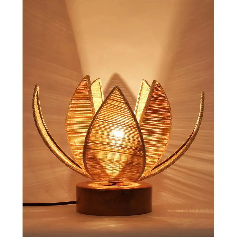 Rose Bamboo Shade with Round Wood Base Table Lamp