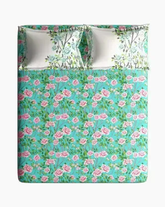 Rose Floral Printed Magnum Cotton King Size Bedsheet with 2 Pillow Covers - 300 Thread Count (Green)