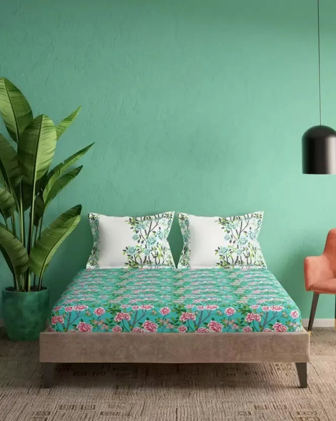 Rose Floral Printed Magnum Cotton King Size Bedsheet with 2 Pillow Covers - 300 Thread Count (Green)
