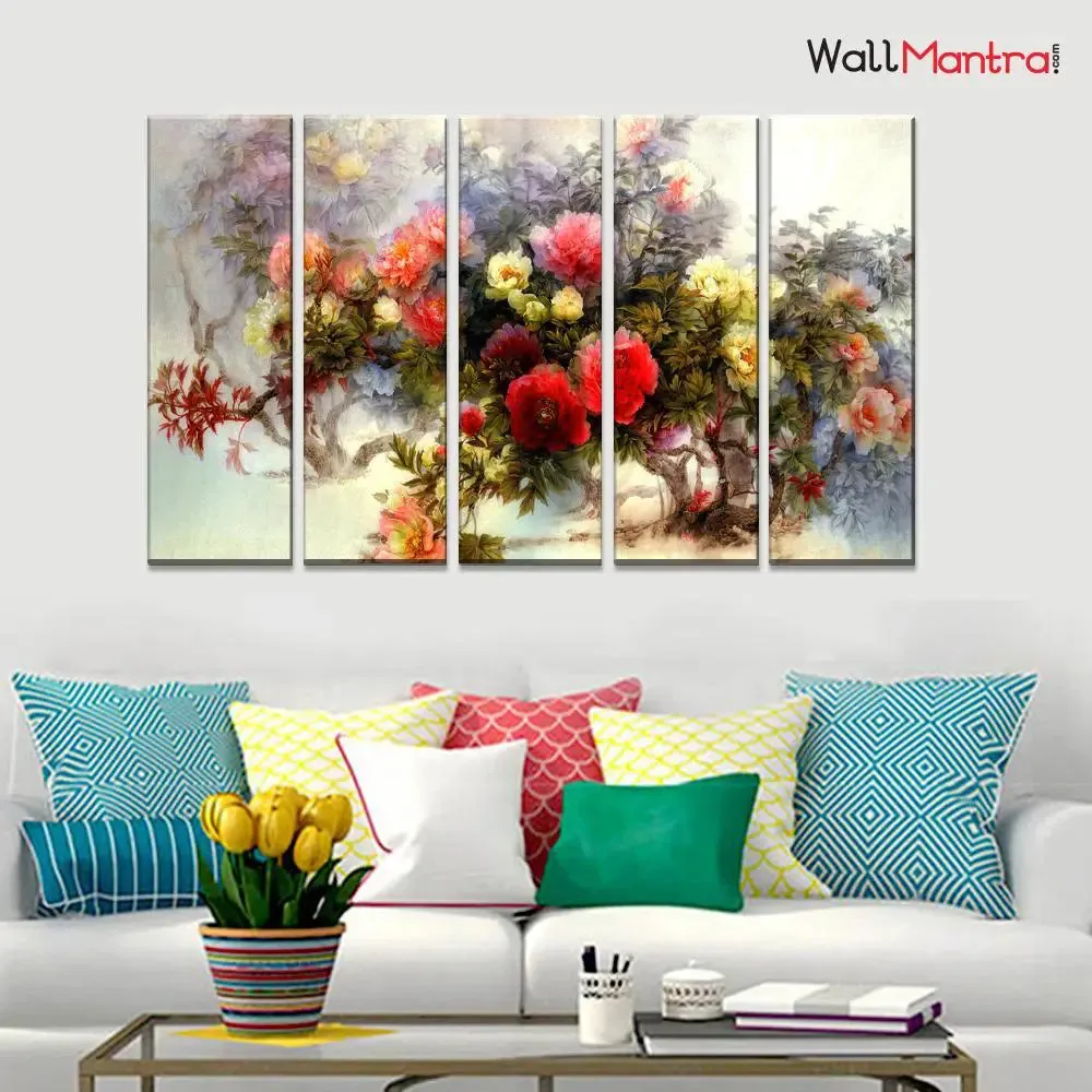 Rose Flower Bunch Wall Painting Multiple Frame On Canvas