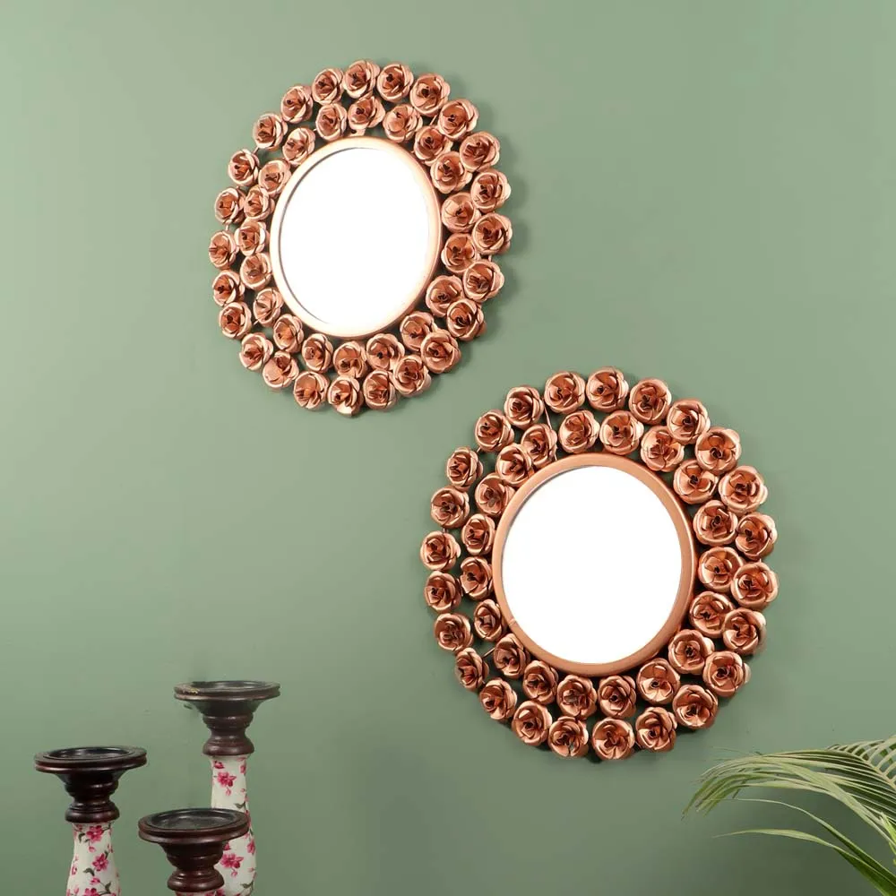 Rose Gold Floral Edge Decorative Mirror Wall Decor Set Of 2