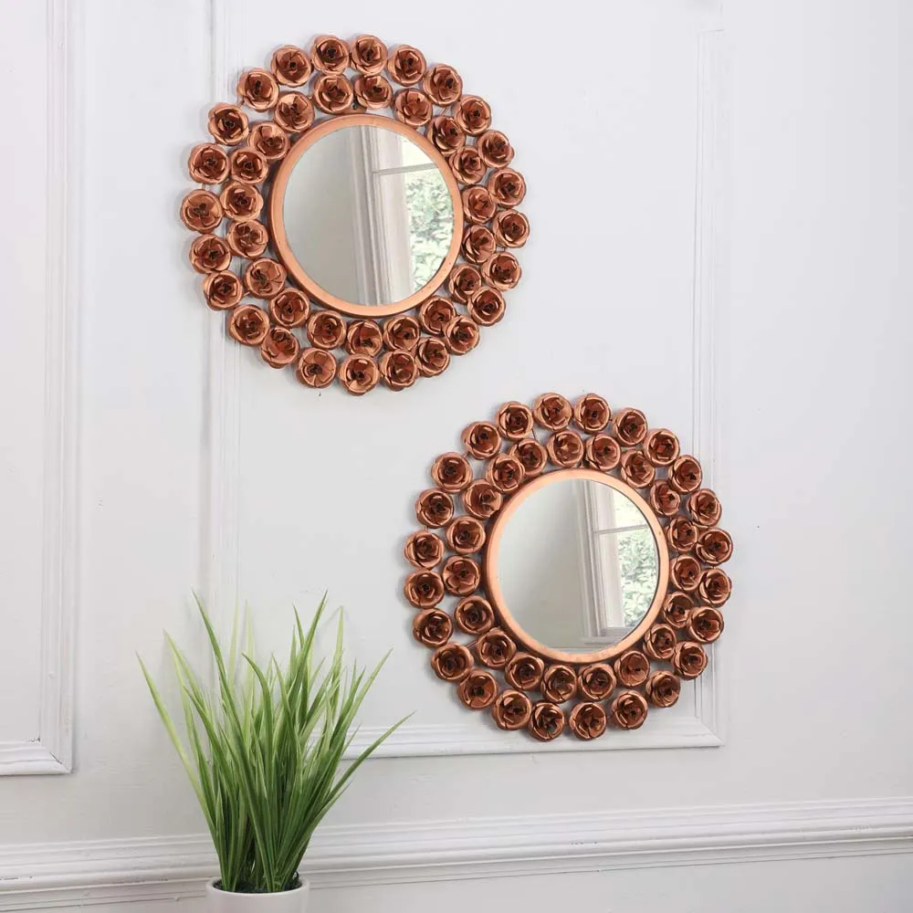 Rose Gold Floral Edge Decorative Mirror Wall Decor Set Of 2