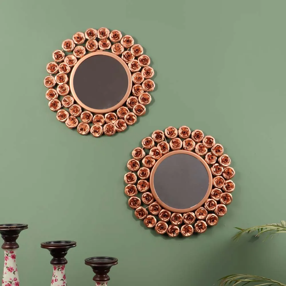 Rose Gold Floral Edge Decorative Mirror Wall Decor Set Of 2