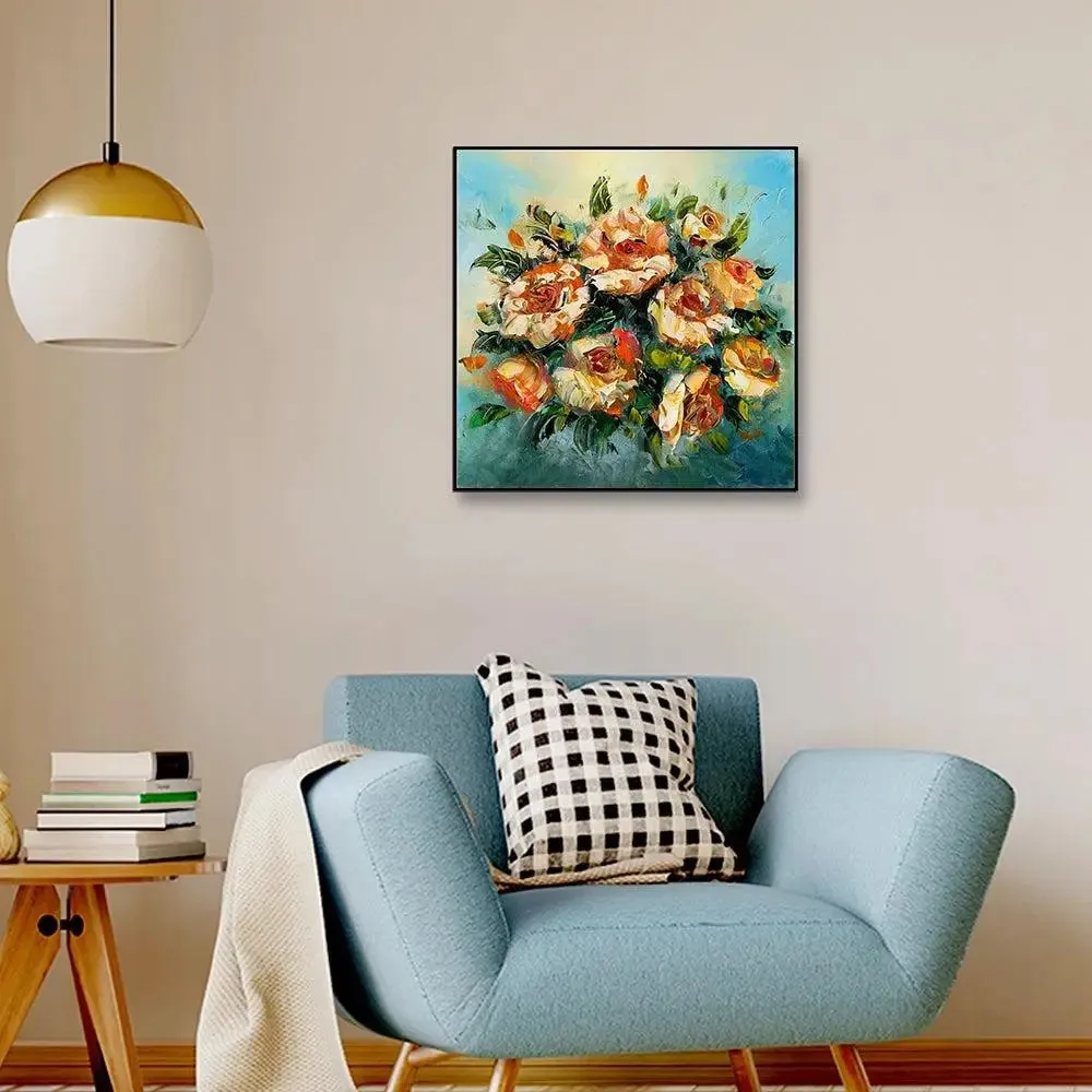 Roses Flower Bunch Canvas Painting With Black Floating Frame Size: 57 cm (H) X 57 cm (W)