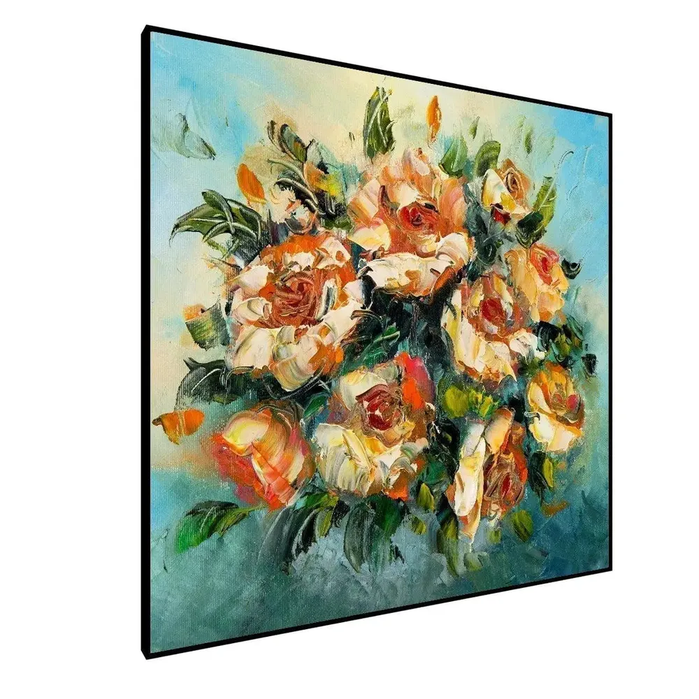 Roses Flower Bunch Canvas Painting With Black Floating Frame Size: 57 cm (H) X 57 cm (W)