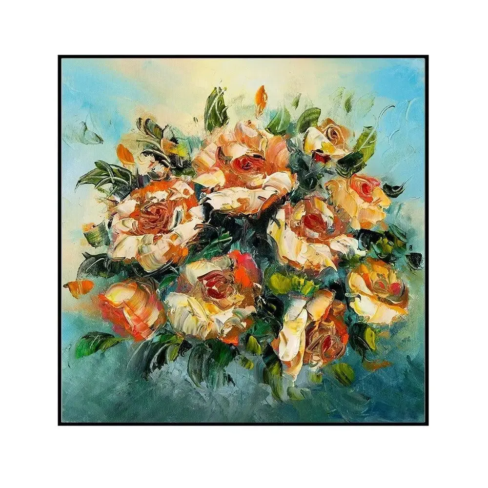 Roses Flower Bunch Canvas Painting With Black Floating Frame Size: 57 cm (H) X 57 cm (W)