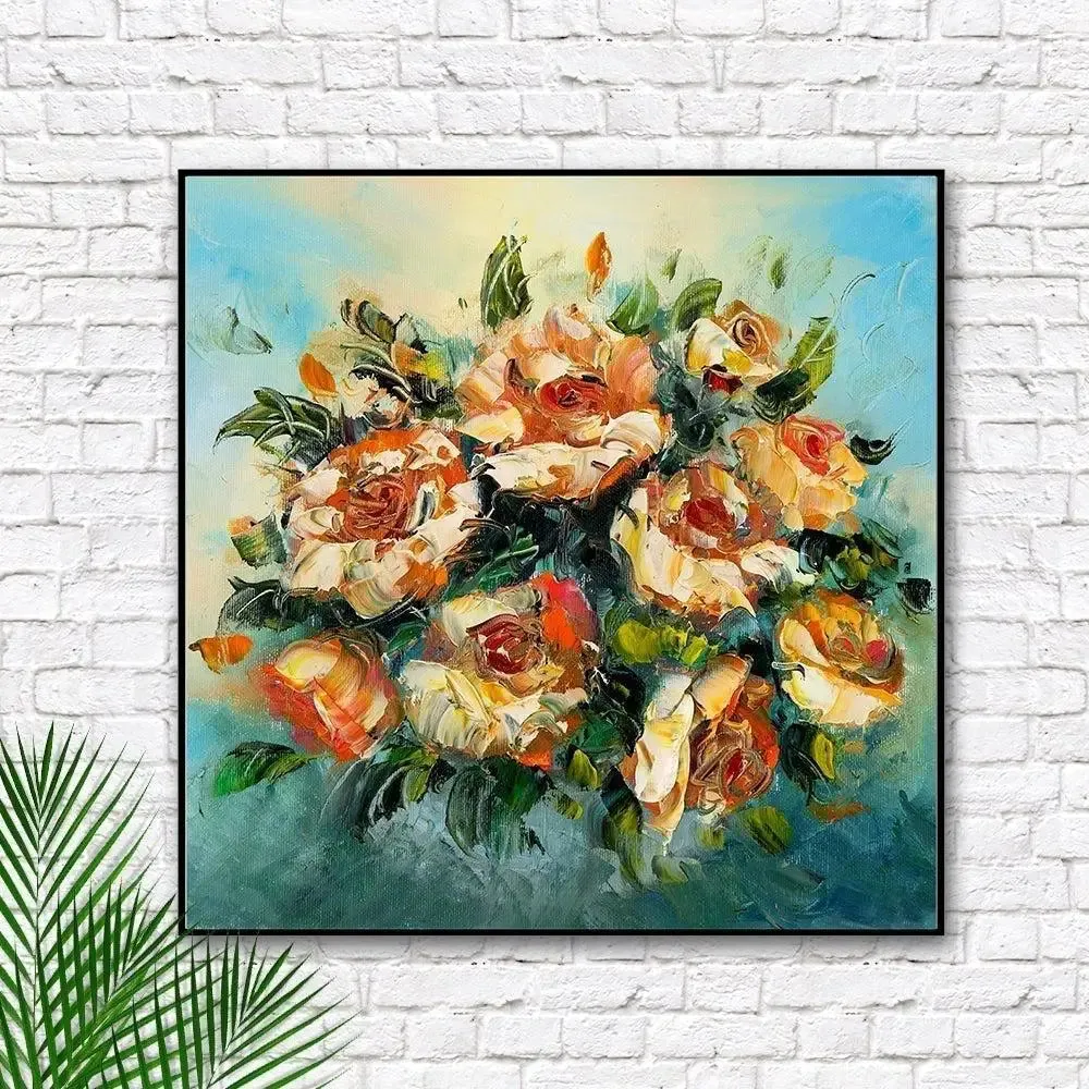 Roses Flower Bunch Canvas Painting With Black Floating Frame Size: 57 cm (H) X 57 cm (W)