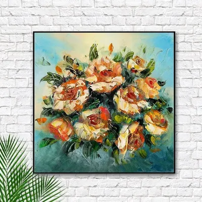 Roses Flower Bunch Canvas Painting With Black Floating Frame Size: 57 cm (H) X 57 cm (W)