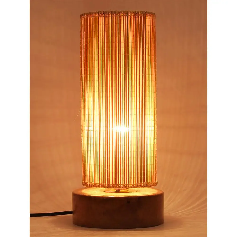 Round Bamboo Shade with Round Wood Base Table Lamp