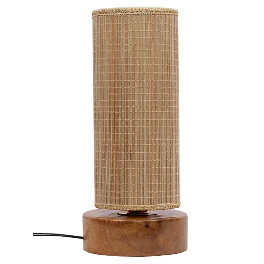 Round Bamboo Shade with Round Wood Base Table Lamp