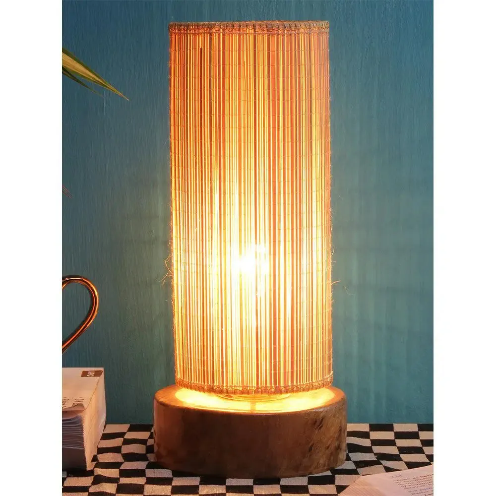 Round Bamboo Shade with Round Wood Base Table Lamp