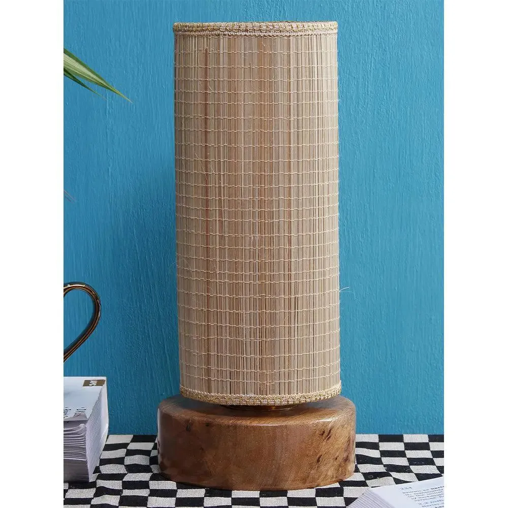 Round Bamboo Shade with Round Wood Base Table Lamp