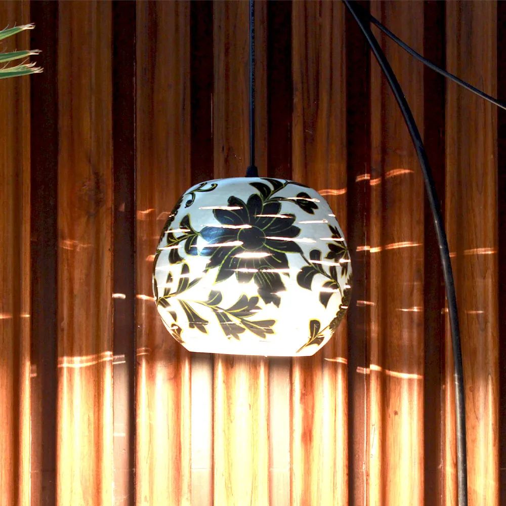 Round Black & White Floral Handpainted Hanging Lamp