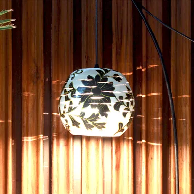 Round Black & White Floral Handpainted Hanging Lamp