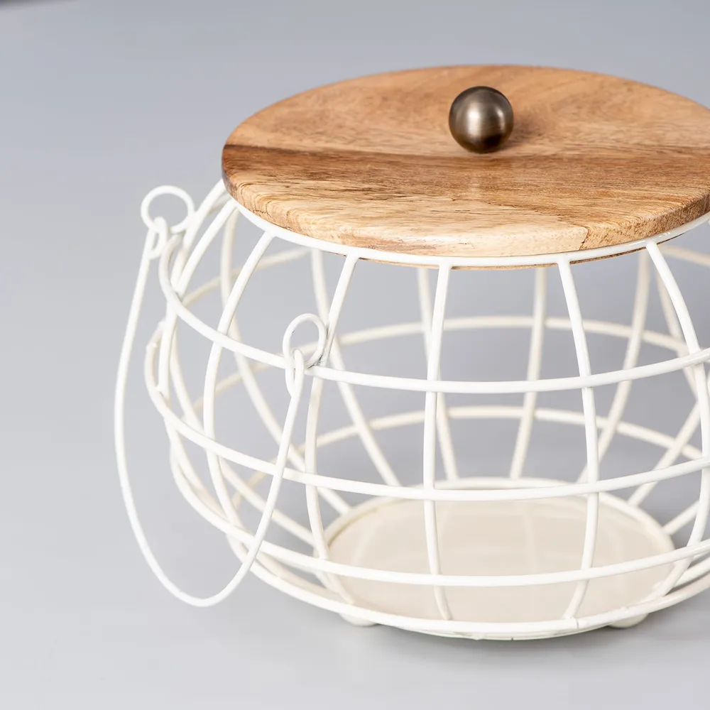 Round Black Wired Wood Base Metal Vegetable/Fruit Basket