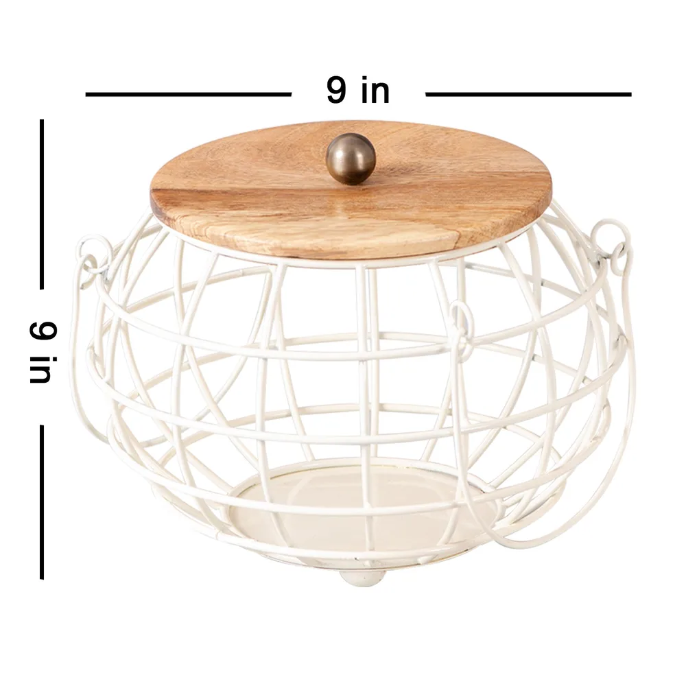 Round Black Wired Wood Base Metal Vegetable/Fruit Basket