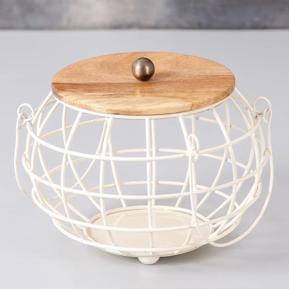 Round Black Wired Wood Base Metal Vegetable/Fruit Basket