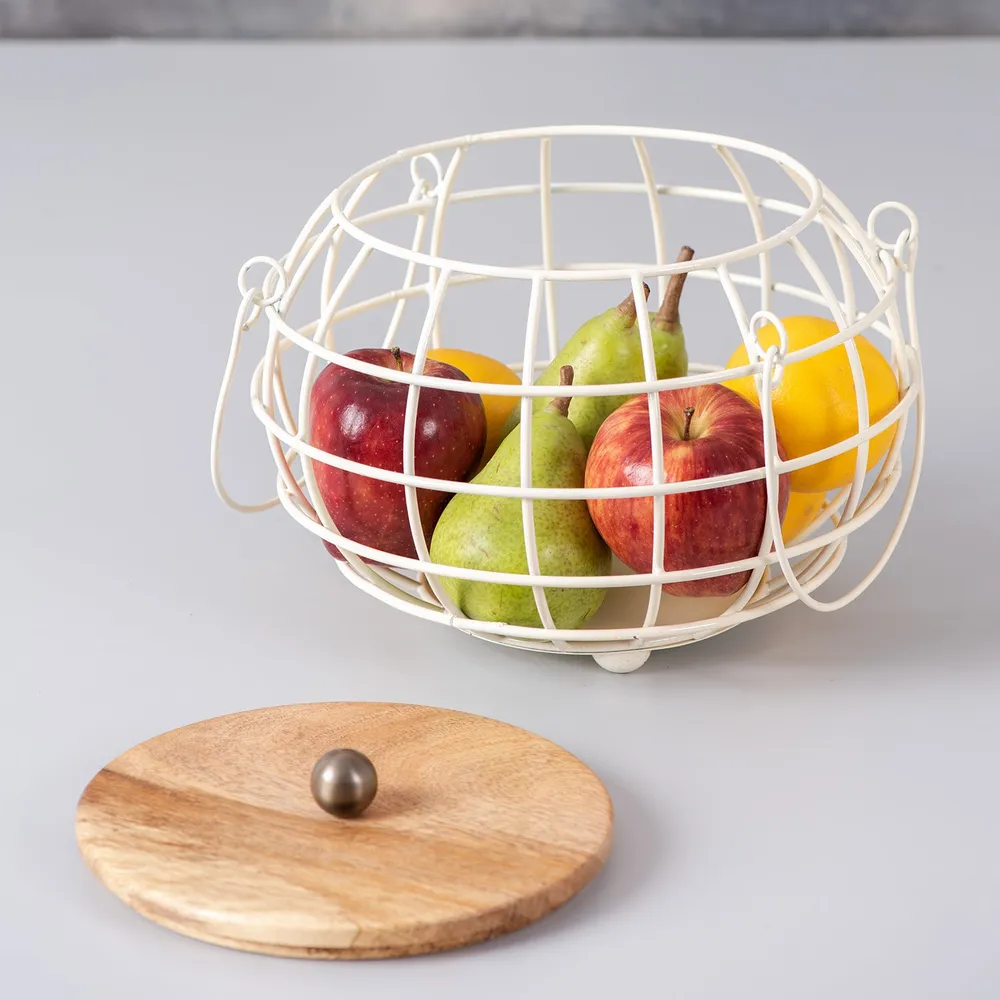 Round Black Wired Wood Base Metal Vegetable/Fruit Basket