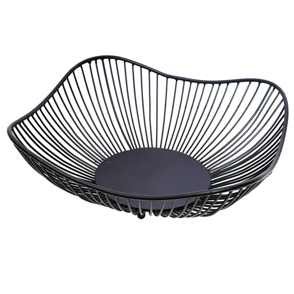 Round Black Wired Wood Lid Metal Vegetable/Fruit Basket