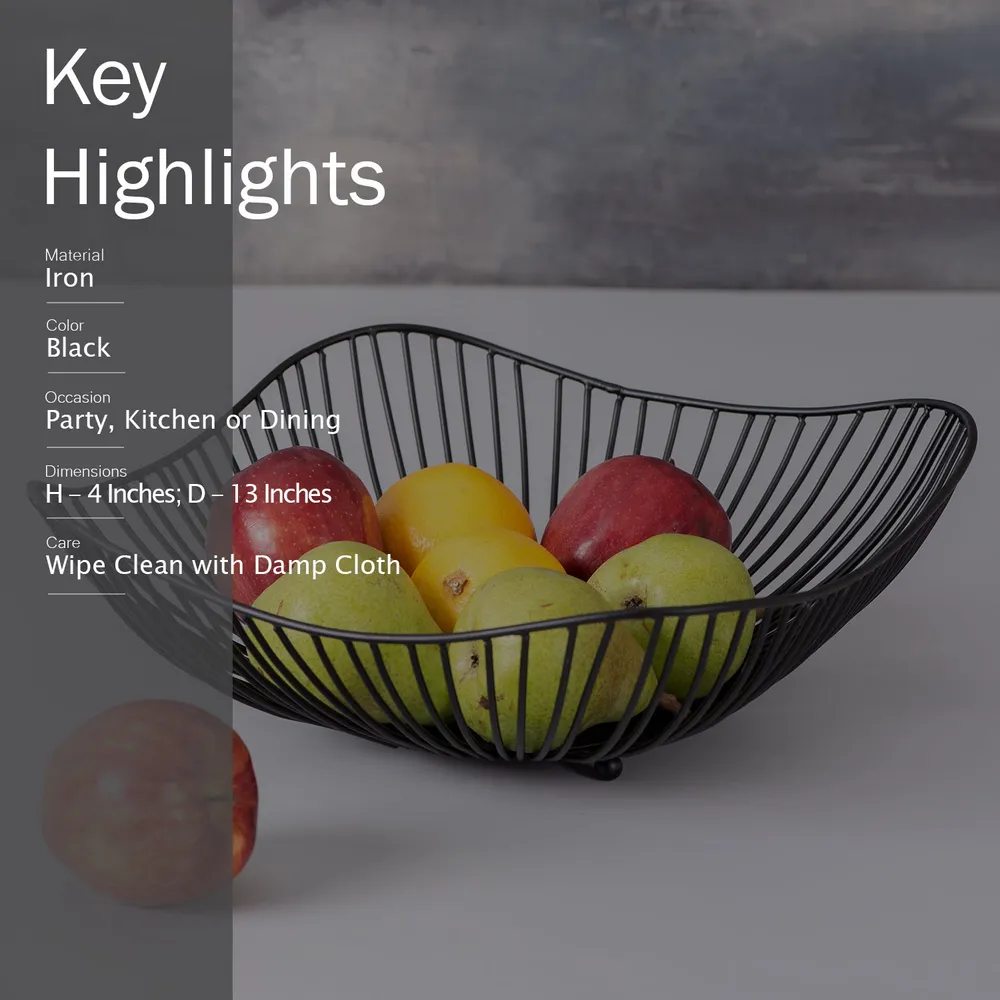 Round Black Wired Wood Lid Metal Vegetable/Fruit Basket