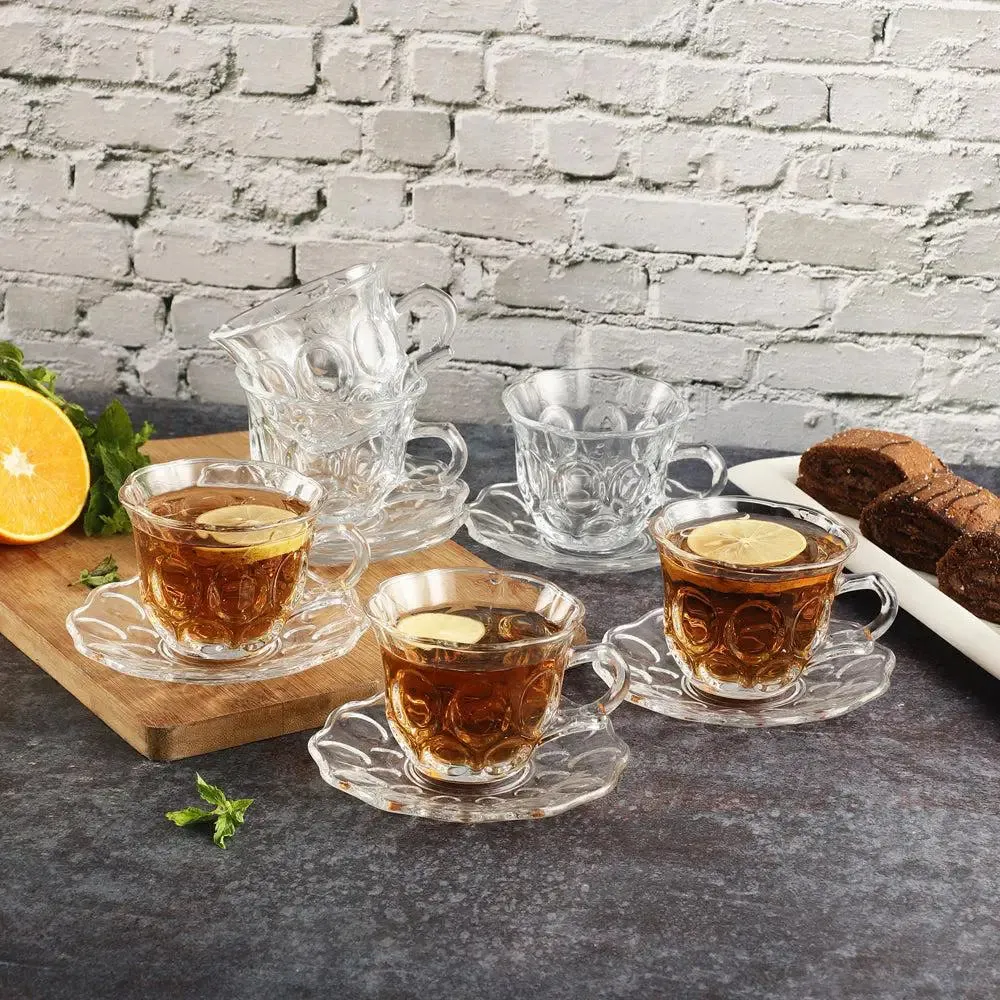 Round Circles Textured Tea Cups With Saucers Set Of 6 (150 ml)