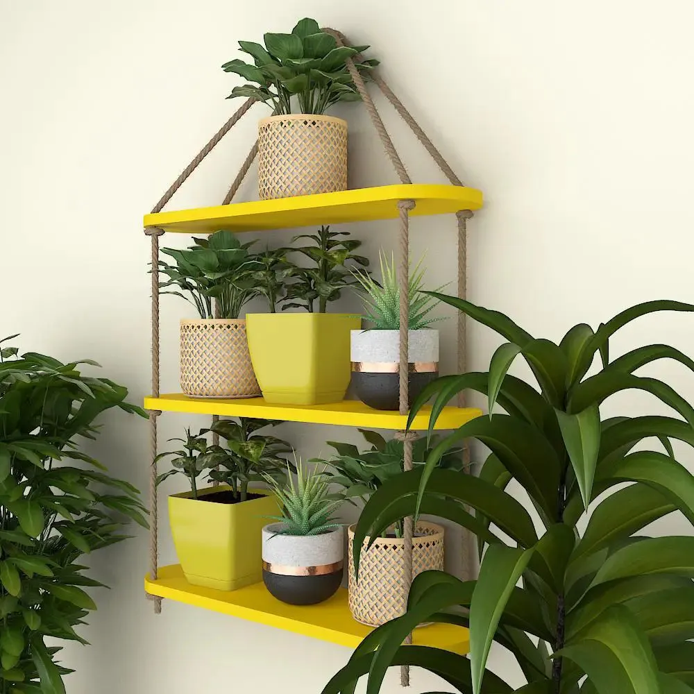 Round Corner Wooden Wall Hanging Shelf Yellow