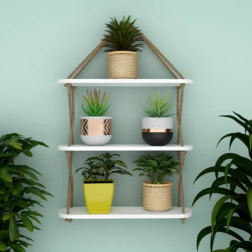 Round Edge Wooden Wall Hanging Shelf with Cross Rope White