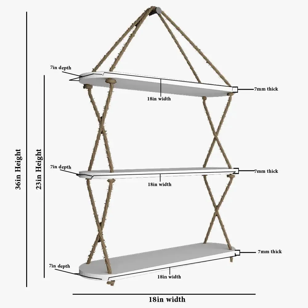 Round Edge Wooden Wall Hanging Shelf with Cross Rope White