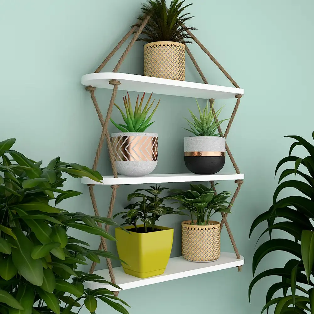 Round Edge Wooden Wall Hanging Shelf with Cross Rope White